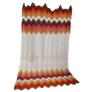 Vintage Crochet Chevron Blanket 80x44 Pink Rust Throw